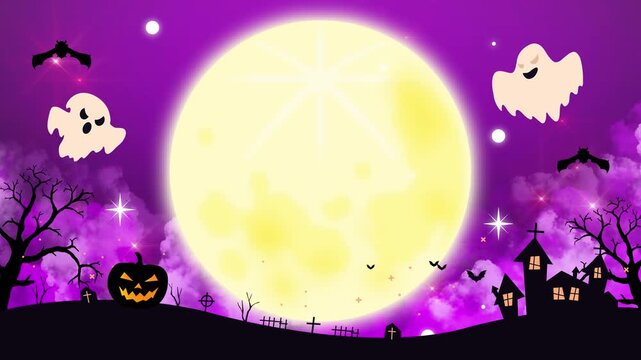 ハロウィン　CG 動画　キラキラ　カボチャ　幽霊　城　ポップ　かわいい　抽象的　怖い　キャンペーン　タイトル　Halloween background animation.Shining full moon.Ghost,pumpkins, spooky tree,haunted house, and bats flying over cemetery.
