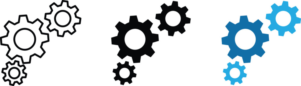Gear Icons Set, Mechanical Cogwheel Symbols, System Settings, Technical Process Mechanism, Engine Operation, Maintenance Setup. ymbols in Thin Line Art, Solid Glyph, and Blue