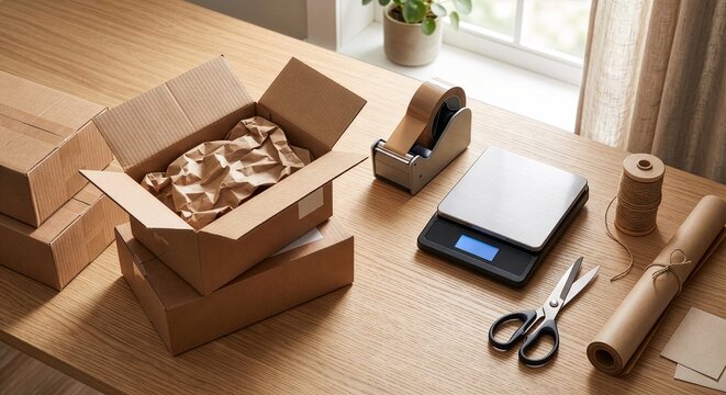 Top down view of an eco friendly e-commerce small business order packaging setup with cardboard boxes, digital shipping scale, and kraft paper on a wooden desk