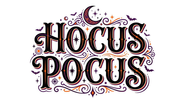 Hocus pocus halloween typography design with crescent moon and bats isolated on white background