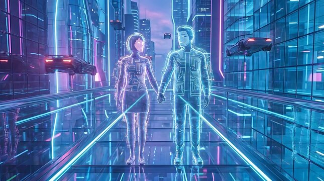 Transparent holographic couple holding hands standing on a glass bridge in a glowing neon futuristic city