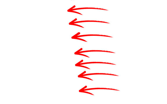 Six thin red left pointing hand drawn arrows stacked with faded last arrow, red hand drawn arrow vector, brush stroke doodle pointer, grunge marker sketch direction sign for infographic, presentation