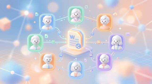 3d of a central word document file connected to multiple smiling avatar in a digital network