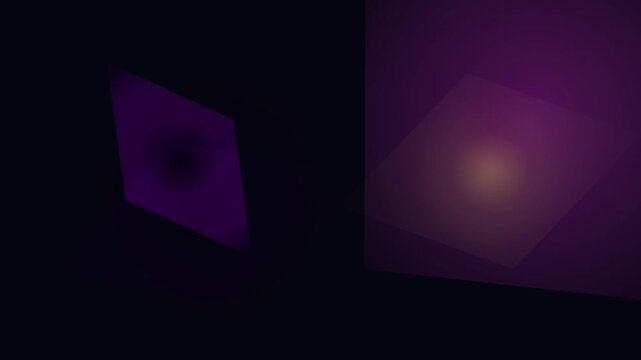 Overlapping translucent purple and yellow geometric forms float on a solid dark black background