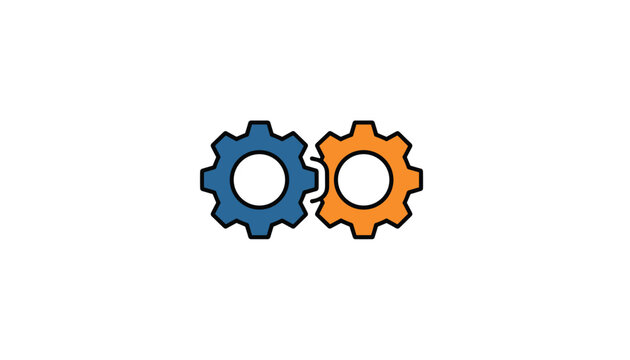 Two interlocking gear wheels in blue and orange colors are shown as a simple vector icon indicating teamwork and progress.