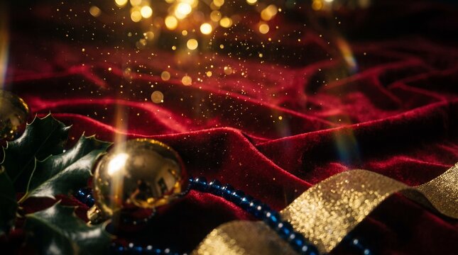 holiday objects on red background with glowing bright christmas lights