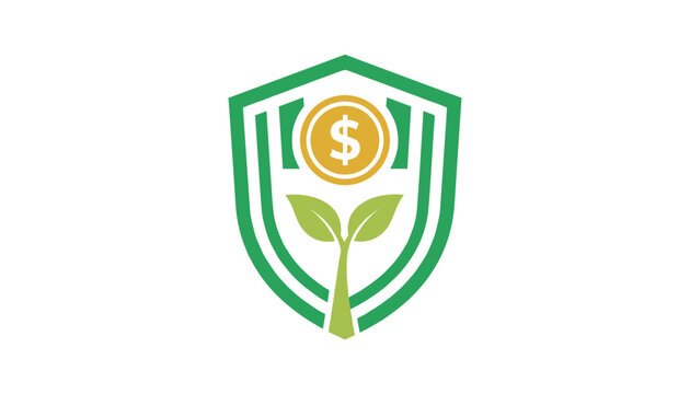 Financial security icon featuring a green shield containing a gold dollar coin and a growing green sprout.