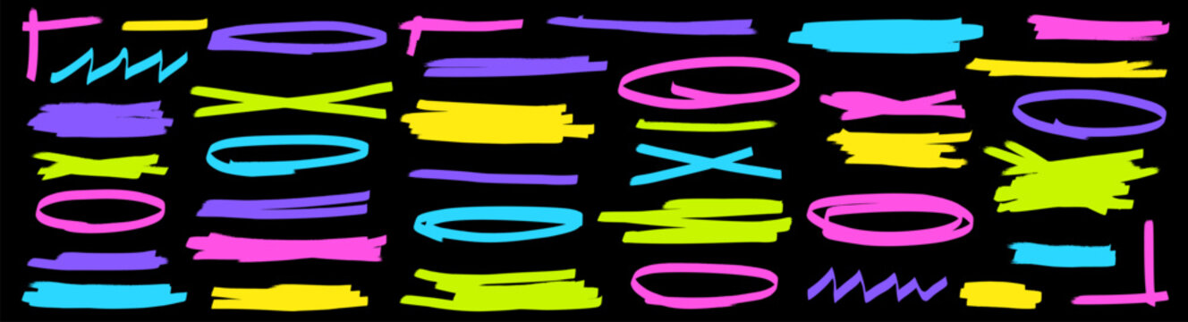 Swipe brush marker set with neon circles, crosses, bars and underlines. Rough felt tip texture with vivid assorted colors. Bright vector collection for poster text or school markup