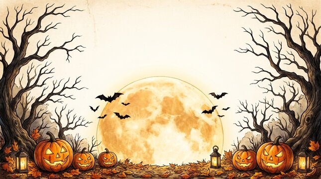Vintage Halloween background with giant spider, cobweb, spooky carved pumpkins and bats with copy space