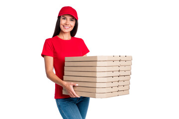 Photo of young happy smiling cheerful service girl delivery stack of pizza fast food isolated on...
