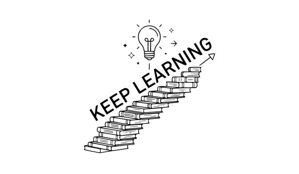 Keep learning quote with book stairs, lightbulb and rising arrow