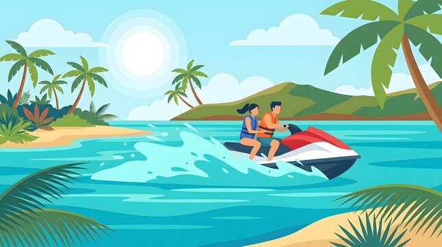 Jet Ski Adventure on Tropical Beach with Turquoise Ocean, Palm Trees and Sunny Summer Landscape &ndash; Vector Illustration