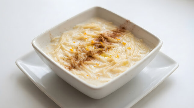 Fidea cu lapte from Romania. It's a boiled fidea vermicelli with milk and sugar, a dessert from the Balkan Europe. Dessert dish, vermicelli dish, Romanian and Balkan meal assets