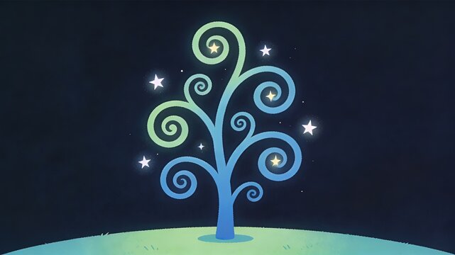 A small magical tree prop for children's book illustration, simple spiral branches, tiny glowing stars, clean vector style, plain background, minimal stock image.