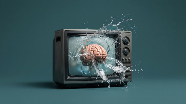 A retro TV set displaying a human brain with water splashes&mdash;a minimalist concept representing the symbolic impact of media.