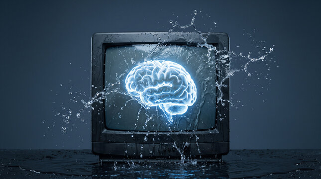 A retro TV set displaying a human brain with water splashes&mdash;a minimalist concept representing the symbolic impact of media.
