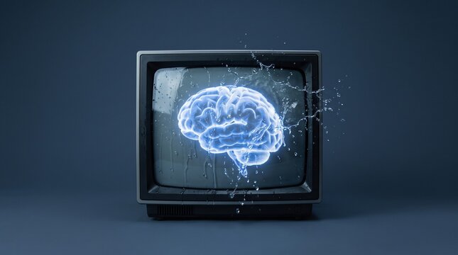 A retro TV set displaying a human brain with water splashes&mdash;a minimalist concept representing the symbolic impact of media.