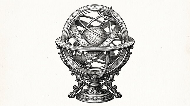 Vintage hand drawn armillary sphere astronomical instrument antique
