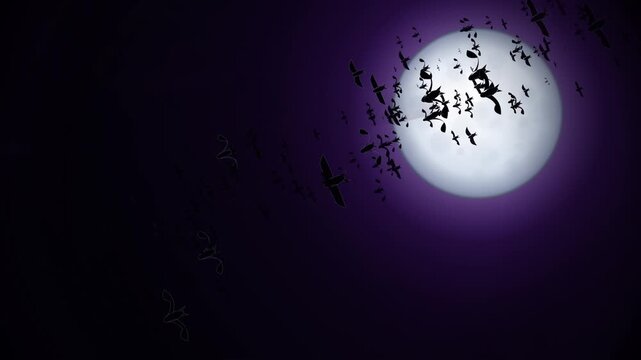 Gothic mystery 4K motion background featuring an asymmetric luminous full moon on the upper right with swarming bats migrating diagonally across the purple night sky.