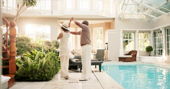 Travel, happy or couple in hotel with dance, vacation fun or groove together on summer holiday. Trip, rhythm or mature people at poolside with good time, romantic getaway or playful bonding at resort