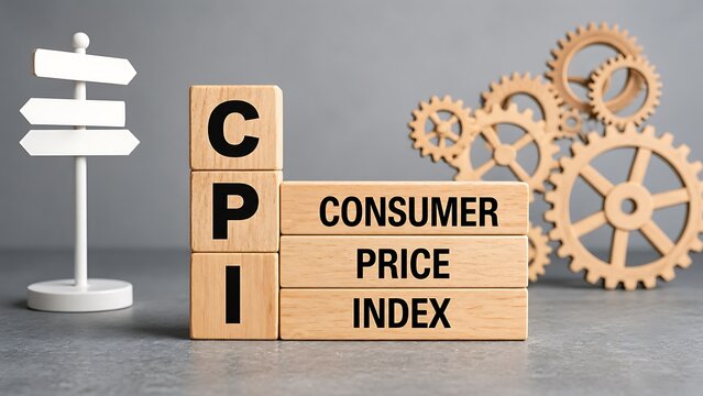 CPI" and "Consumer Price Index" using wooden blocks, flanked by gears and a signpost.