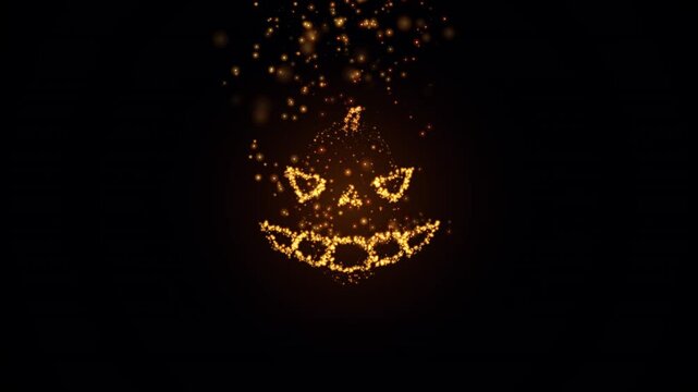 Surreal Halloween 4K motion background of a mythical Jack-o-lantern face formed by thousands of luminous gold and pumpkin embers dissolving into floating camera bokeh.