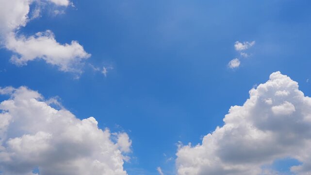 A vivid blue sky timelapse video shows towering cumulus clouds with bright white tops and soft gray bases, drifting across the atmosphere as gentle winds reshape their formations in daylight. 4k.
