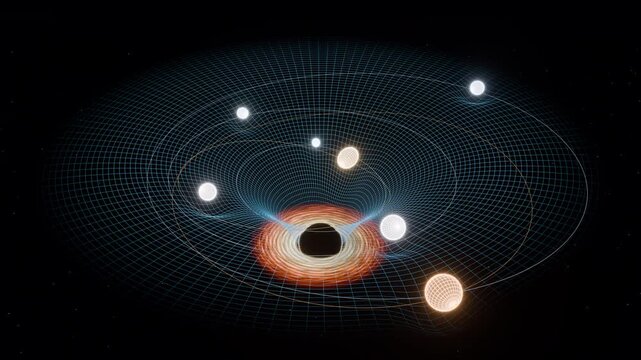 Black hole animation with glowing orange accretion disk and blue wireframe spacetime grid, stars falling inward
