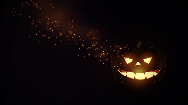 Spooky atmospheric 4K Halloween motion background featuring a levitating jack-o-lantern on the right with a diagonal sweeping vortex of glowing embers and generous copy space.