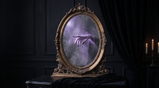 Surreal Witch Hand Emerging from Antique Mirror with Purple Magical Light