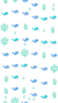 Cartoon whales and coral pattern isolated on transparent background