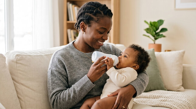 Young Black Mother Gently Bottle Feeding Six-Month-Old Baby on Sofa for Parenting Blogs, Infant Care Websites, African American Family Lifestyle, and Early Parenthood Content