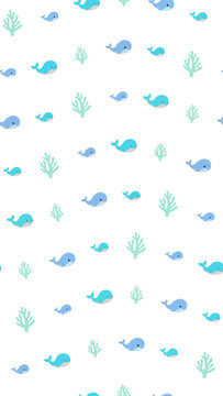 Cartoon whales and coral seamless pattern
