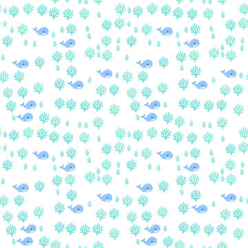 Cute blue whales and coral pattern