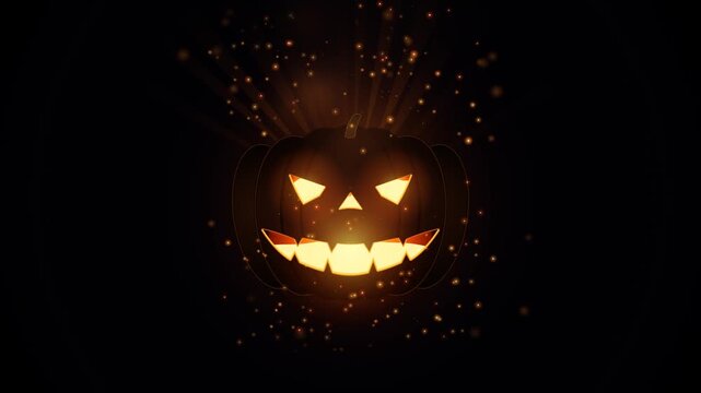 Spooky atmospheric 4K Halloween motion background featuring an ominous carved jack-o-lantern with radiant soul flame and swirling floating embers.