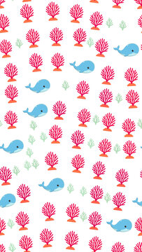 Cute cartoon whales and coral pattern