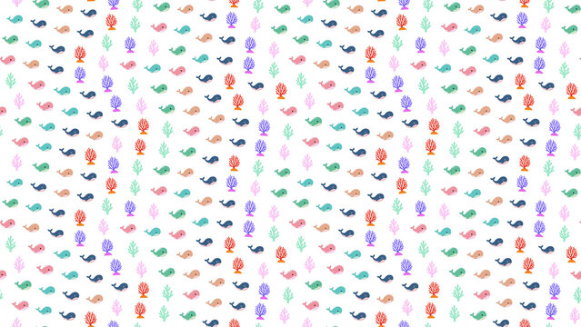 Cute whale and coral pattern seamless background