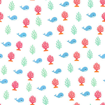 Cute whale and coral seamless pattern