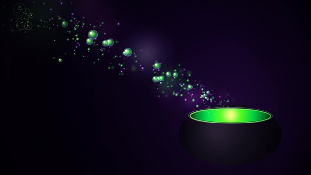 Dark fantasy 4K motion background featuring a levitating magical cauldron on the right emitting a diagonal alchemical stream of toxic green bubbles and violet spores.