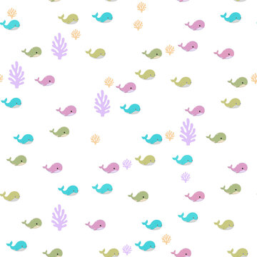 Seamless pattern of cute cartoon whales and coral