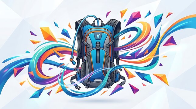 A vibrant blue hydration pack is surrounded by swirling colorful ribbons and geometric shapes representing active lifestyle energy for outdoor recreation adventures and travel journeys