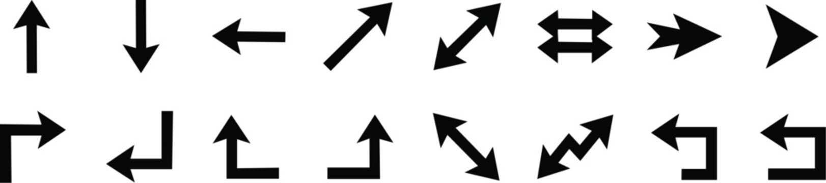 Set of black straight, diagonal, and corner arrows for navigation and UI design