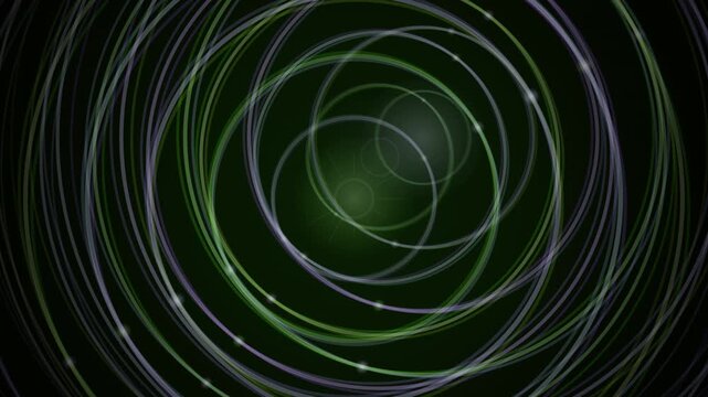 A seamless looping animation of spiraling green and violet lines on a dark background.