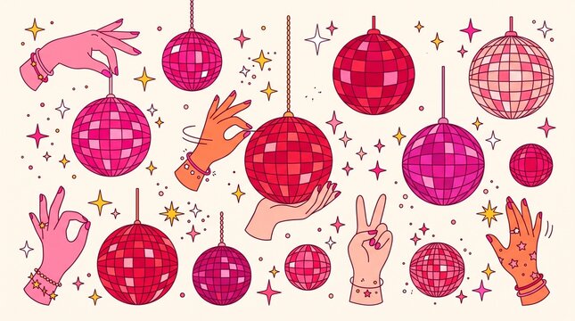 Retro disco balls and gesturing hands in a vibrant pink and red pattern