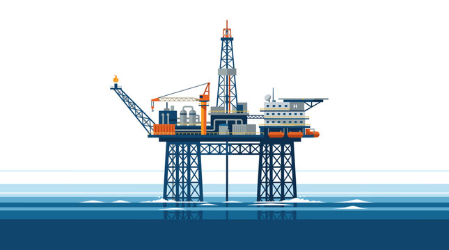Flat vector illustration of an offshore oil drilling rig platform in the middle of the ocean featuring a derrick, crane, helipad, and gas flare against a clean white background.