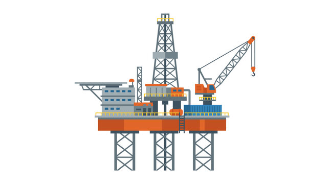 Flat vector illustration of an offshore oil and gas drilling rig platform featuring a central derrick, industrial crane, helipad, and steel living quarters isolated on a white background.