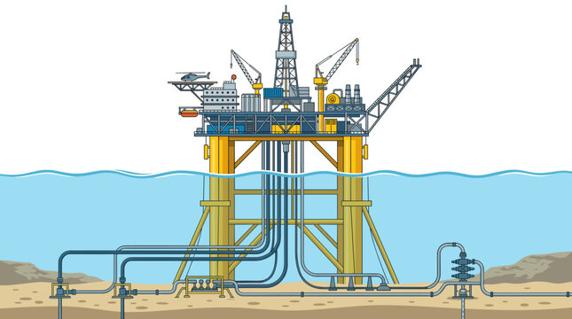 Flat vector illustration of an offshore oil and gas drilling rig platform showing the ocean surface, underwater pipelines, seabed infrastructure, derrick, cranes, and helipad.