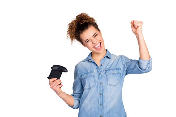 Photo of pretty nice crazy lady holding joystick addicted gamer good mood rejoicing best win raise fist wear casual denim blue shirt isolated grey color background © deagreez