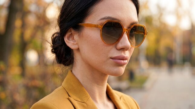 stylish young woman wearing sunglasses with blurred city lights background