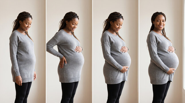 Pregnancy belly growth timeline showing a woman's abdomen gradually increasing in size from the first trimester to late pregnancy, visualizing fetal development and maternal body changes, with copy sp